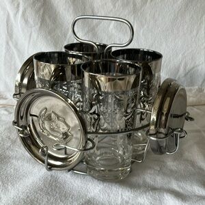 VINTAGE KIMKO GUARDIAN MEDIEVEL SHIELD SILVER RIM SET 4 GLASSES & CADDY COASTERS